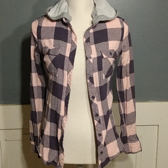 Polly & Esther Tops - Hooded plaid flanel